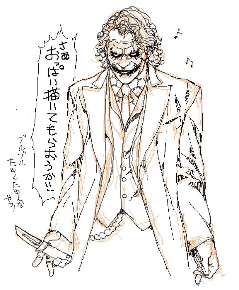 1boy batman_(series) dc_comics formal_clothes glasgow_smile gloves heath_ledger knife male_focus monochrome necktie oda_non outline sketch smile solo suit the_dark_knight the_joker translation_request weapon white_background