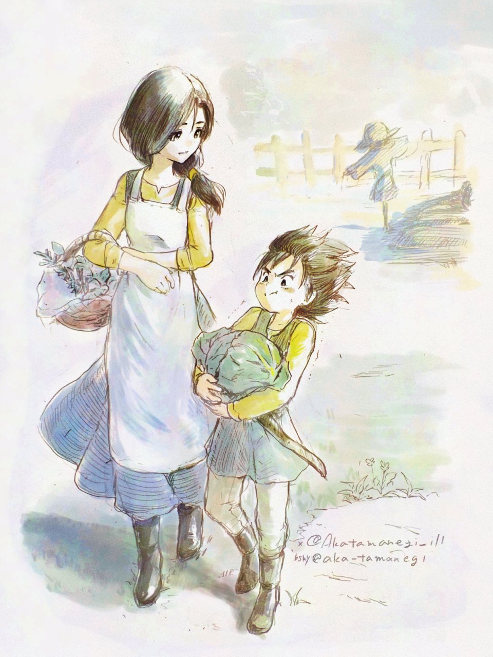1boy 1girl aged_down akatamanegi_ill apron basket black_boots black_hair blue_skirt blue_tunic bluesky_username boots cabbage child commentary_request dragon_quest dragon_quest_iii fence floating_hair food hero&#039;s_mother_(dq3) hero_(dq3) highres holding holding_basket holding_food holding_vegetable long_hair looking_at_another looking_down looking_to_the_side low-tied_long_hair mother_and_son pants parent_and_child roto_(dq3) scarecrow shirt short_hair skirt spiked_hair sweatdrop tunic twitter_username vegetable white_apron white_pants yellow_shirt