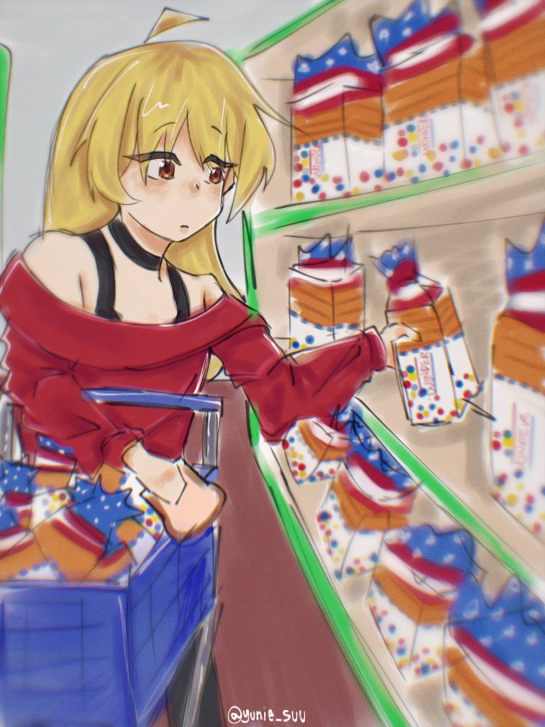 1girl ahoge bag black_bow black_bowtie blonde_hair bocchi_the_rock! bow bowtie collarbone food holding holding_bag holding_food ijichi_seika indoors red_shirt shirt supermarket upper_body watermark yunie_suu