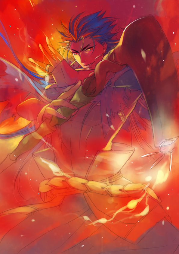 1boy blue_hair cu_chulainn_(fate) cu_chulainn_(fate/stay_night) earrings fate/grand_order fate/stay_night fate_(series) fire gradient_background jewelry jun_(ash) long_hair male_focus red_eyes ring solo staff