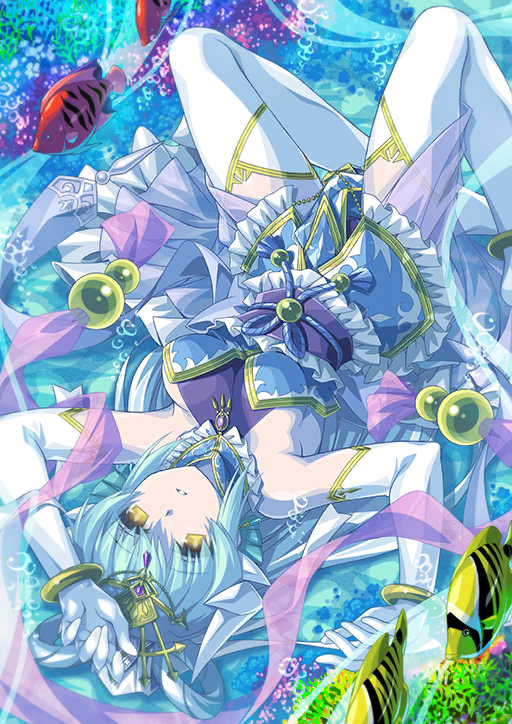 1girl air_bubble animal aqua_hair arm_above_head bangle bare_shoulders black_(artist) blue_choker blue_shirt bracelet breasts bubble choker coral dragon_girl dragon_horns elbow_gloves fate/grand_order fate_(series) fish frilled_choker frilled_sash frills gloves hagoromo hair_ornament hair_rings halterneck horns japanese_clothes jewelry kiyohime_(fate) long_hair looking_at_viewer lying official_art on_back otohime_kiyohime_(fate) parted_lips pink_shawl purple_sash sash shawl shirt sideboob sleeveless solo teeth thighhighs third-party_source underwater upside-down white_gloves white_horns white_thighhighs yellow_eyes