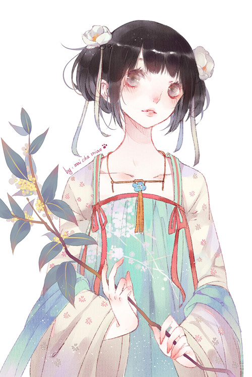 1girl aqua_hanfu black_hair branch chinese_clothes collarbone commentary_request empire_waist flower grey_eyes hair_flower hair_ornament hanfu holding holding_branch jewelry mai_cha_miao necklace original pale_skin qixiong_ruqun shawl solo white_background white_flower