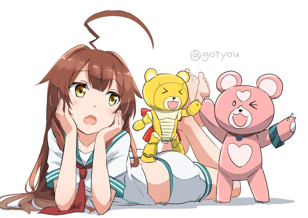 &gt;_&lt; &gt;_o 10s 1girl :o ahoge aoki_hagane_no_arpeggio ass bad_id bad_twitter_id barefoot bear beargguy_iii blush bracelet breasts brown_hair closed_eyes commentary_request elbow_rest fang gotyou gundam gundam_build_fighters hands_on_own_cheeks hands_on_own_face heart high_five huge_ahoge jewelry kantai_collection kirishima_(aoki_hagane_no_arpeggio) kuma_(kancolle) long_hair looking_to_the_side lying midriff neckerchief no_legwear on_floor on_stomach one-hour_drawing_challenge one_eye_closed open_mouth red_neckerchief sailor_collar school_uniform serafuku shadow shirt short_sleeves shorts simple_background small_breasts standing standing_on_person twitter_username white_background white_shirt white_shorts yellow_eyes yotarou_(aoki_hagane_no_arpeggio)