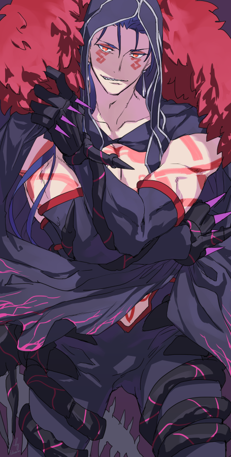 1boy blue_hair bodypaint bulge cape closed_mouth cu_chulainn_(fate) cu_chulainn_(fate/stay_night) cu_chulainn_alter_(fate) cu_chulainn_alter_(fate/grand_order) cu_chulainn_alter_(third_ascension)_(fate) dark_blue_hair dark_persona earrings facepaint fangs fate/grand_order fate_(series) fur-trimmed_cape fur_trim grin hood hood_up iz_izhara jewelry long_hair looking_at_viewer male_focus muscular muscular_male pants ponytail red_eyes sharp_teeth skin_tight slit_pupils smile solo teeth topless_male