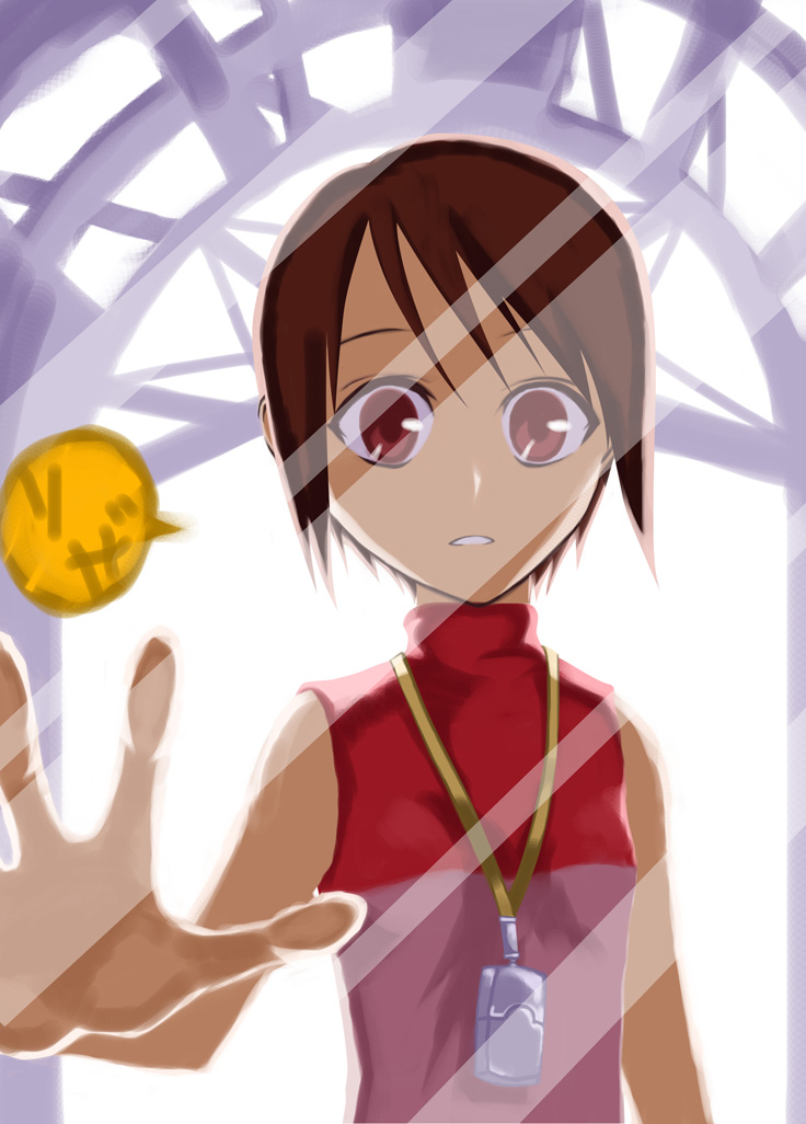 00s 1girl brown_hair digimon digimon_adventure_02 female_focus jewelry necklace red_eyes riza23 short_hair solo turtleneck yagami_hikari