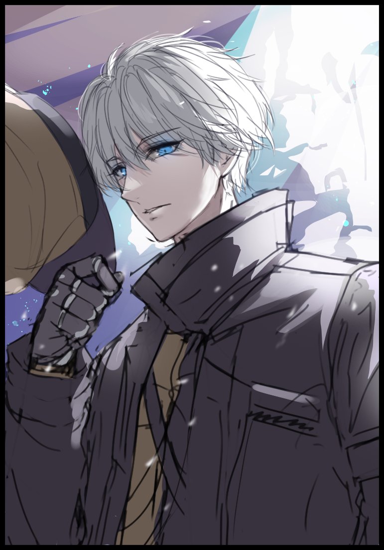 1boy black_coat blue_eyes brown_jacket coat disgustingtokki goddess_of_victory:_nikke grey_hair hat holding holding_unworn_clothes holding_unworn_hat jacket johan_(nikke) looking_at_viewer male_focus mechanical_arms short_hair single_mechanical_arm solo unworn_hat unworn_headwear