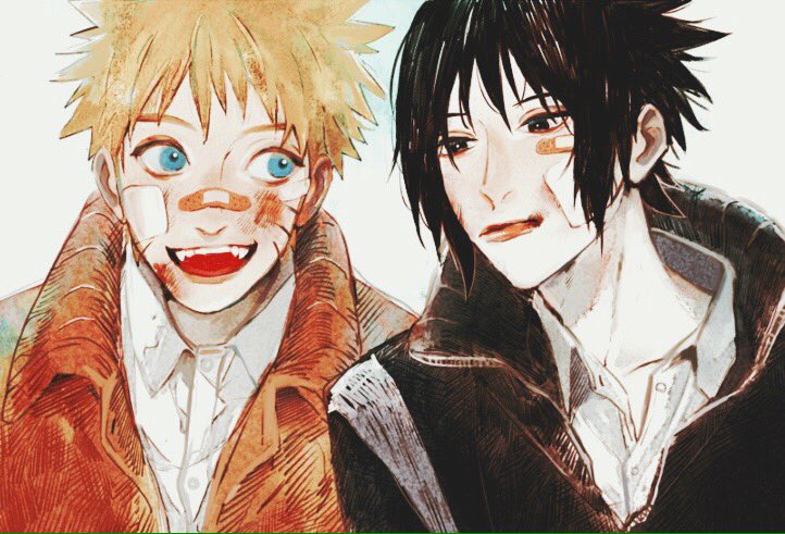 2boys bandaid bandaid_on_face bandaid_on_nose black_hair black_jacket blue_eyes brown_eyes bruise bruise_on_face collared_jacket collared_shirt dress_shirt facial_mark fangs gauze gauze_on_cheek hair_behind_ear injury jacket looking_at_another looking_to_the_side male_focus multiple_boys naruto_(series) naruto_shippuuden omuyama_omu orange_jacket partially_unzipped shirt side-by-side simple_background teeth uchiha_sasuke undone_collar upper_body upper_teeth_only uzumaki_naruto whisker_markings white_background wing_collar
