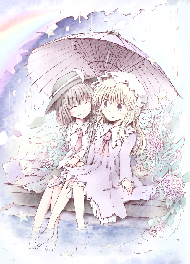 2girls barefoot blonde_hair bow brown_eyes brown_hair dress closed_eyes flower hair_bow hat holding holding_umbrella hydrangea long_hair maribel_hearn multiple_girls necktie oil-paper_umbrella open_mouth rain rainbow ribbon romi shared_umbrella shirt short_hair sitting skirt smile soaking_feet star_(symbol) touhou umbrella usami_renko water