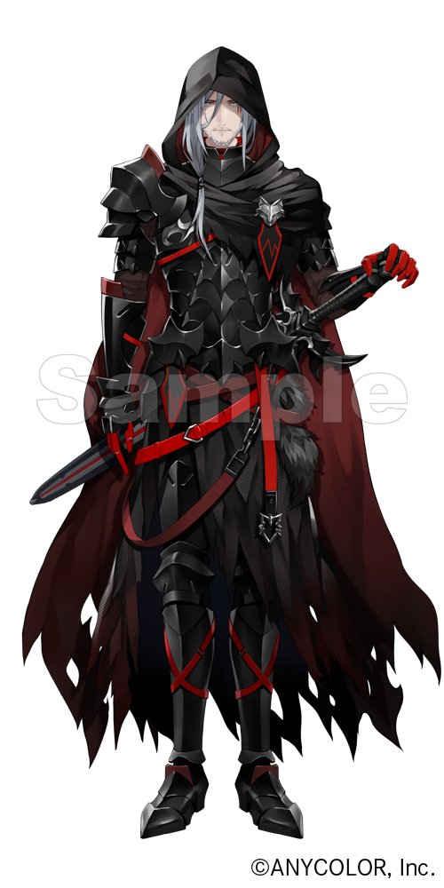 1boy armor armored_boots beard belt black_boots black_cloak boots breastplate cloak closed_mouth commentary commentary_request company_name copyright_notice crossed_belts english_commentary facial_hair facial_tattoo fulgur_ovid fulgur_ovid_(4th_costume) gauntlets grey_eyes grey_hair hair_between_eyes hair_over_shoulder hand_up hood hood_up hooded_cloak leg_armor long_hair looking_at_viewer low-tied_long_hair male_focus mature_male mechanical_arms mixed-language_commentary nijisanji nijisanji_en official_alternate_costume official_art pauldrons red_belt red_ribbon ribbon sample_watermark senano-yu shoulder_armor simple_background solo sword sword_on_back tachi-e tattoo torn_cloak torn_clothes vambraces virtual_youtuber watermark weapon weapon_on_back white_background