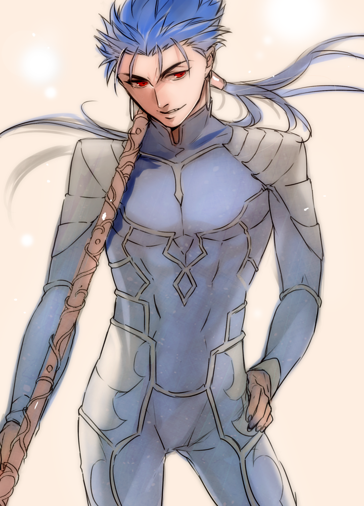 1boy armor blue_bodysuit blue_hair bodysuit cowboy_shot cu_chulainn_(fate) cu_chulainn_(fate/stay_night) earrings fate/stay_night fate_(series) gae_bolg_(fate) hair_strand hand_on_own_hip holding holding_polearm holding_spear holding_weapon jewelry jun_(ash) long_hair looking_at_viewer male_focus pauldrons polearm ponytail red_eyes shoulder_armor smile solo spear weapon