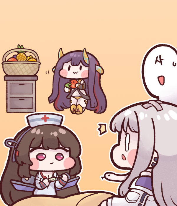 1boy 3girls ^^^ apple bandages blush_stickers brown_hair bulga cheona_(last_origin) chibi commander_(last_origin) eating echidna_(last_origin) food fruit fruit_basket hat last_origin multiple_girls nurse nurse_cap pineapple purple_hair red_eyes scissors_lise simple_background snake syringe tears yellow_background