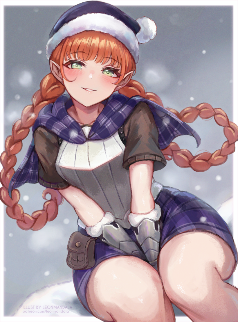1girl armor blush border braid braided_hair_rings capelet gauntlets green_eyes hair_rings hat leonmandala long_hair looking_at_viewer outdoors outside_border purple_capelet purple_hat sitting smile snowing solo unicorn_overlord white_border winter yunifi_(unicorn_overlord)