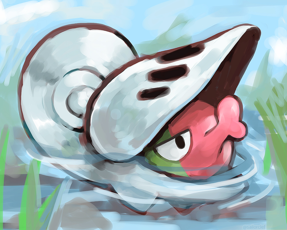 armor black_eyes blue_sky cloud commentary day english_commentary gen_5_pokemon grass nintendo no_humans o3o outdoors partially_submerged pokemon pokemon_(creature) ripples sailorclef shelmet sky solo water