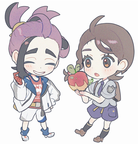 1boy 1girl :o applin backpack bag blue_socks blush brown_bag brown_eyes brown_hair chibi closed_eyes commentary_request gen_8_pokemon gloves grey_shirt grin hand_up holding holding_pokemon jacket juliana_(pokemon) kieran_(pokemon) lowres multicolored_hair mxkjxm_(nhss2337) nintendo open_clothes open_jacket pokemon pokemon_(creature) pokemon_sv purple_hair red_gloves red_shirt school_uniform shirt shoes short_sleeves shorts sleeveless sleeveless_shirt smile socks teeth two-tone_hair white_footwear white_jacket white_shorts