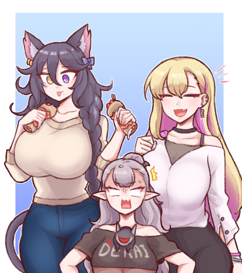 3girls alternate_hairstyle animal_ears blonde_hair boryeon_(last_origin) braid breasts bulga cat_ears cat_girl cat_tail closed_eyes colored_inner_hair contemporary denim draculina_(last_origin) ear_piercing earrings eating fang grey_hair hair_ribbon huge_breasts jeans jewelry large_breasts last_origin long_hair mole multicolored_hair multiple_girls orange_eyes pants piercing poi_(last_origin) pointy_ears ponytail purple_eyes purple_hair ribbon shaded_face simple_background sweater tail twin_braids two-tone_hair underboob very_long_hair