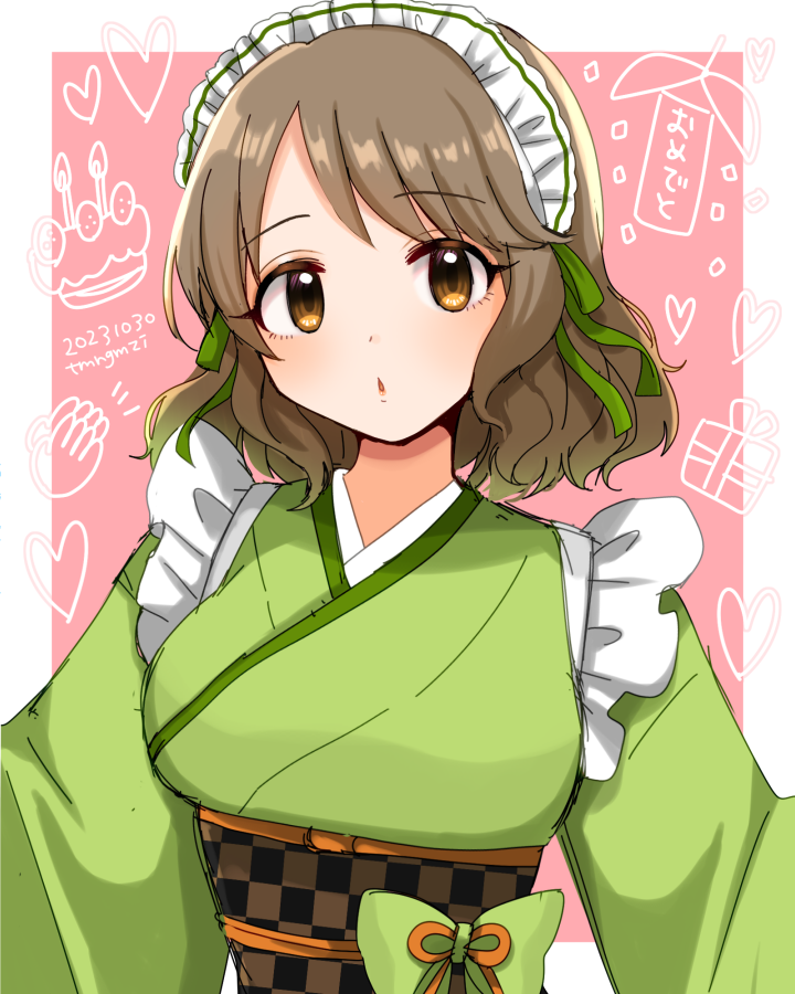 1girl ayaca blush border bow breasts brown_eyes brown_hair chestnut_mouth dot_nose dress_bow green_bow green_kimono green_ribbon hair_bow hair_ribbon happy_birthday idolmaster idolmaster_cinderella_girls idolmaster_cinderella_girls_starlight_stage japanese_clothes kimono large_breasts long_sleeves looking_at_viewer obi obiage obijime outside_border pink_background ribbon sash short_hair solo tsukimiya_miyabi upper_body wavy_hair white_border white_headdress
