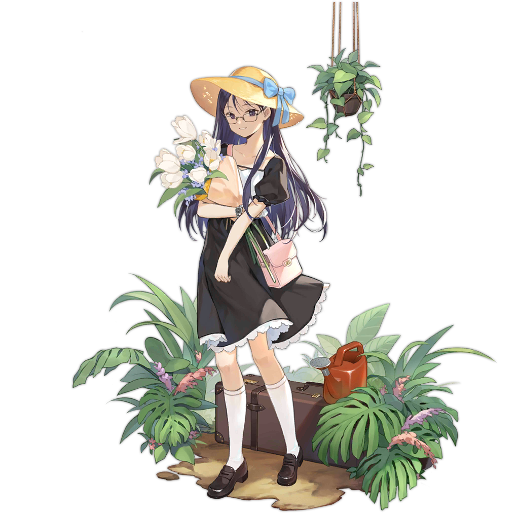 1girl bad_tag bag black_dress black_eyes black_hair blue_bow bow brown_shoes claes collarbone crossover dress flower full_body girls&#039;_frontline glasses gunslinger_girl hat hat_bow holding holding_flower kneehighs leaf long_hair looking_at_viewer official_alternate_costume official_art pink_bag plant pot puffy_short_sleeves puffy_sleeves shoes short_sleeves sidelocks smile smile_(mm-l) socks solo standing straw_hat teeth transparent_background watch watering_can white_flower white_socks wristwatch