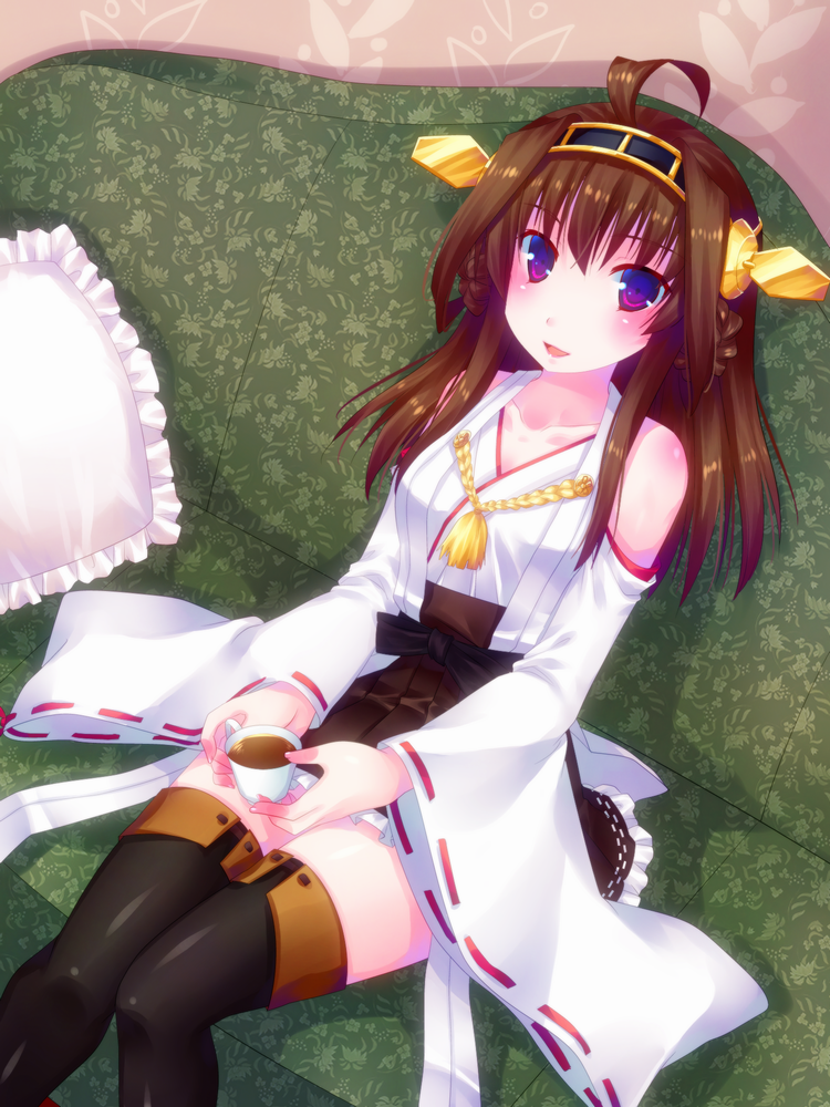 10s 1girl ahoge bad_id bad_pixiv_id brown_hair couch cup detached_sleeves door_to_heaven female_focus floral_print frilled_pillow frills green_upholstery hairband japanese_clothes kantai_collection kongou_(kancolle) long_hair looking_at_viewer nontraditional_miko open_mouth patterned_upholstery pillow purple_eyes sitting solo tea teacup thighhighs wide_sleeves zettai_ryouiki