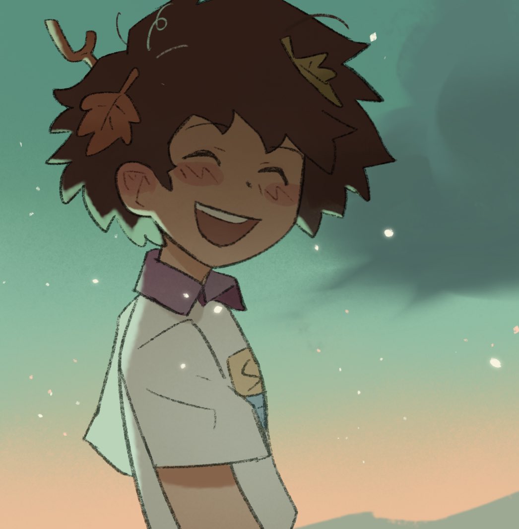 1girl amphibia anne_boonchuy blush brown_hair closed_eyes dark-skinned_female dark_skin happy hsffff4444 leaf leaf_on_head night night_sky open_mouth school_uniform short_hair sjms_school_uniform sky smile solo star_(sky) teeth upper_body upper_teeth_only