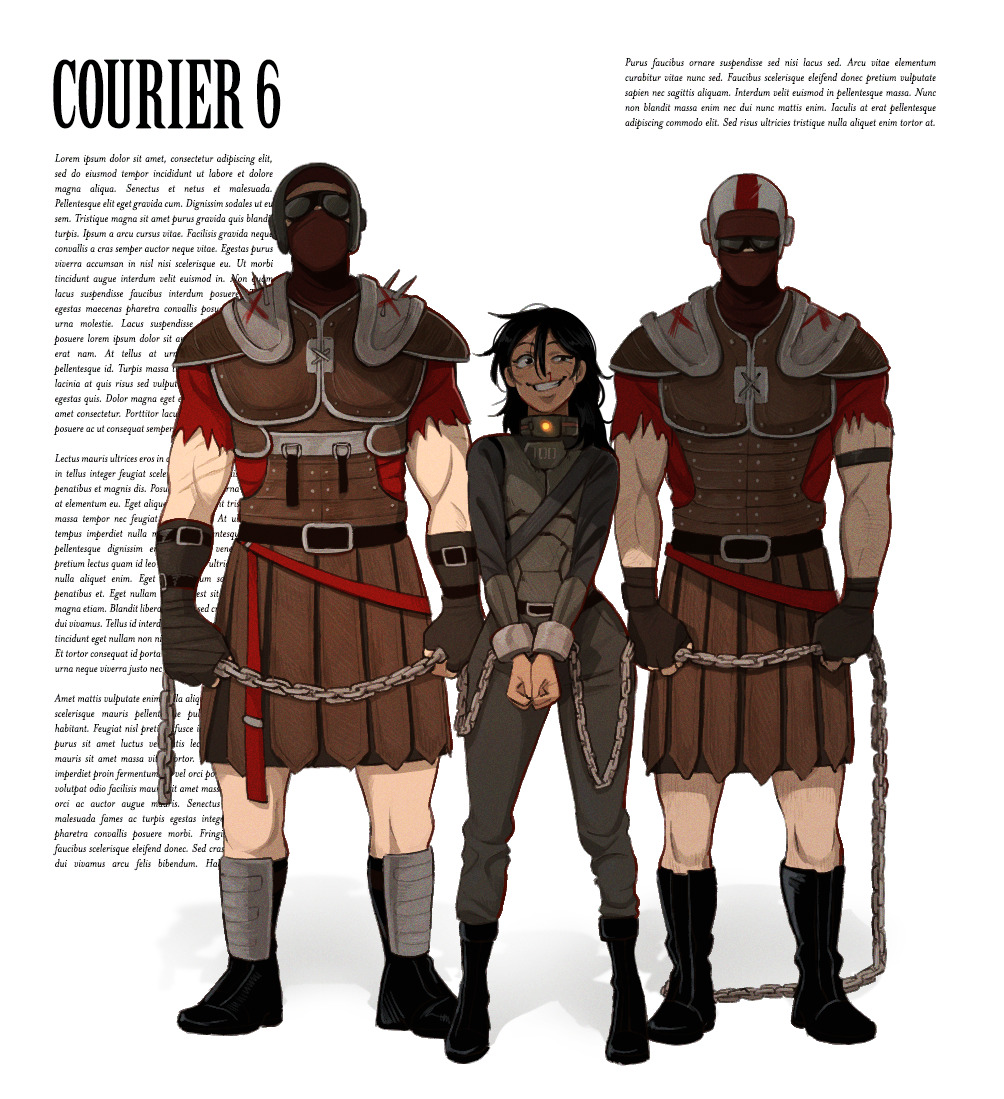1girl 2boys armor belt boots caesar&#039;s_legion chain collar courier_(fallout:_new_vegas) crazy_smile cuffs fallout:_new_vegas fallout goggles handcuffs helmet latin_text leather_armor mask mouth_mask multiple_boys muscular muscular_male pauldrons pteruges shadow shoulder_armor shoulder_spikes size_difference smile spikes sunglasses tanblaque white_background