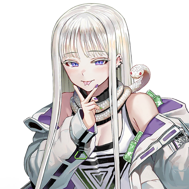1girl :p animal animal_around_neck armpit_crease bare_shoulders blush breasts cheona_(last_origin) cleavage colored_eyelashes ear_piercing eyebrows_hidden_by_hair female_focus forked_tongue game_cg green_nails high_collar jacket last_origin long_hair long_sleeves looking_at_viewer medium_breasts multicolored_nails nail_polish off_shoulder official_art piercing purple_eyes purple_nails shirt slit_pupils smile snake taesi tonge_out tongue tongue_out tongue_piercing transparent_background upper_body white_hair white_jacket white_snake