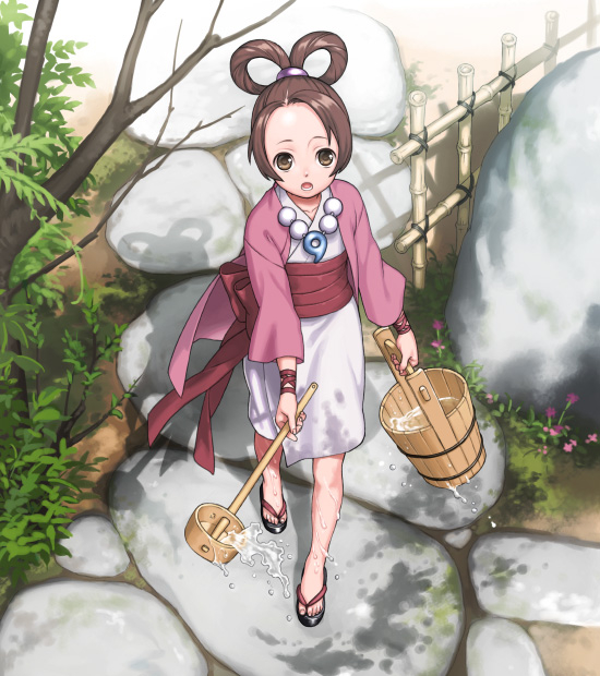 1girl ace_attorney brown_eyes brown_hair bucket child collarbone flower geta hair_rings ito_fumi japanese_clothes jewelry kimono long_sleeves looking_at_viewer looking_up lower_teeth_only magatama magatama_necklace necklace obi open_mouth outdoors parted_bangs pearl_fey sandals sash short_hair solo teeth tree vegetation walking water wide_sleeves wooden_bucket