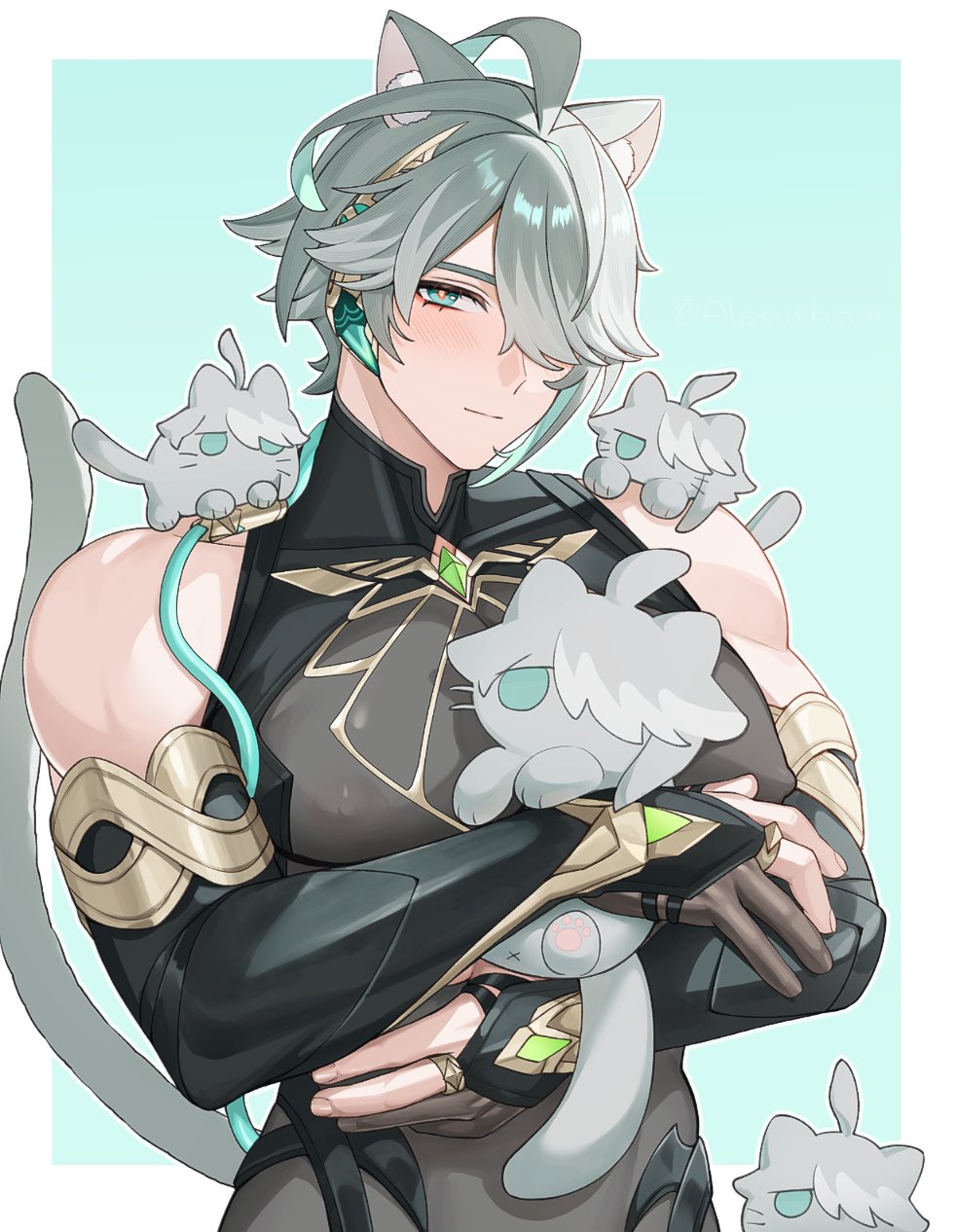 1boy 3others abs alhaitham_(genshin_impact) alpaitham animal_ears animalization aqua_background aqua_eyes aqua_hair black_gloves black_shirt black_sleeves blush border cat cat_boy cat_ears cat_tail closed_mouth fingerless_gloves genshin_impact gloves grey_fur grey_hair grey_tail hair_between_eyes hair_over_one_eye highres jewelry looking_at_viewer male_focus multicolored_hair multiple_others muscular muscular_male shirt short_hair smile tail white_border
