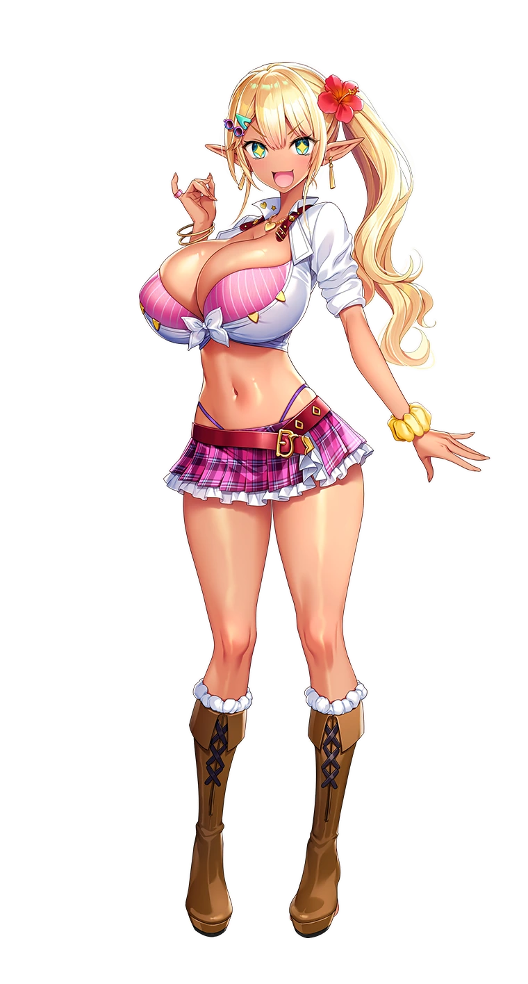1girl akagi_rio belt blonde_hair blue_eyes boots breasts cleavage crop_top dark earrings elf flower front-tie_top full_body gyaru hair_flower hair_ornament hairpin highleg highleg_panties highres huge_breasts jewelry long_hair look-alike microskirt milk_factory miniskirt motto!_haramase!_honoo_no_oppai_isekai_oppai_maid_gakuen! myunmyun_lafleur navel open_mouth panties parody pointy_ears ponytail scrunchie shiny_skin skirt smile symbol-shaped_pupils thighs thong transparent_background underwear wrist_scrunchie