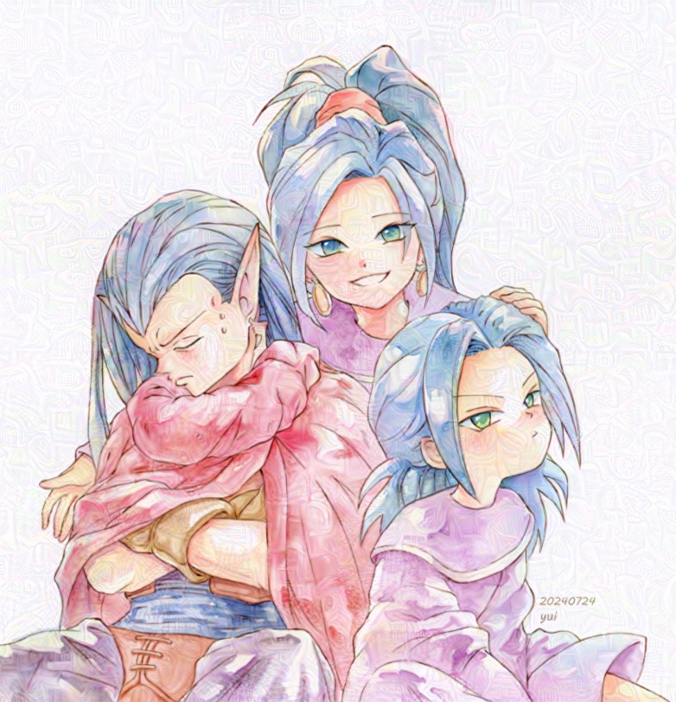 1girl 2boys age_progression artist_name blue_hair blush brother_and_sister brown_gloves child chrono_trigger cloak closed_eyes crossed_arms dated dress earrings furrowed_brow gloves gold_earrings green_eyes hair_tie hand_on_another&#039;s_head janus_zeal jewelry long_hair long_sleeves looking_at_viewer magus_(chrono_trigger) multiple_boys pants parted_bangs parted_lips pointy_ears purple_dress purple_pants purple_robe red_cloak robe schala_zeal siblings smile sweatdrop teeth upper_body white_background wide_ponytail wide_sleeves yui_norimaki