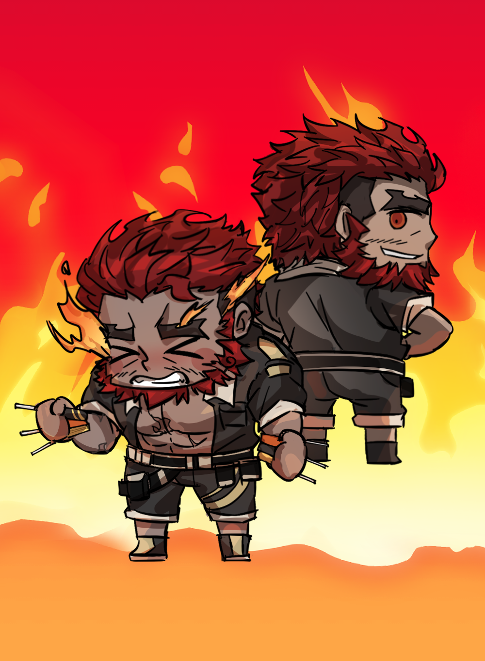 &gt;_&lt; 2boys abs bara bare_pectorals beard blush chibi eyebrow_cut facial_hair fate/grand_order fate_(series) fire flaming_eye full_body gradient_background hephaestus_(housamo) highres looking_at_another male_focus mechanic multiple_boys open_clothes open_shirt parody pectorals red_hair riyo_(lyomsnpmp)_(style) sdz_(inazuma) short_hair simple_background smile style_parody talos_(housamo) thick_eyebrows tokyo_houkago_summoners