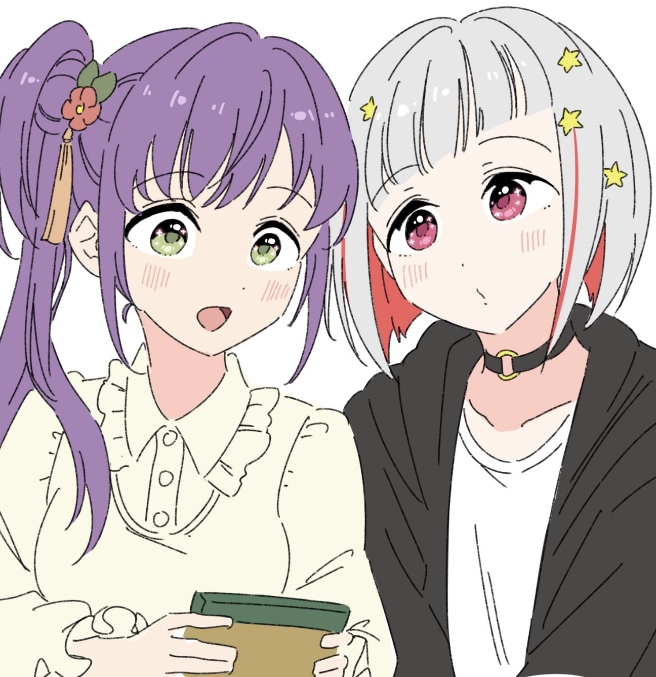 2girls :d black_choker black_jacket bob_cut cellphone choker collarbone collared_dress colored_inner_hair commentary_request diagonal_bangs dress flower frilled_shirt_collar frills grey_hair hair_flower hair_ornament highres holding holding_phone hood hood_down hooded_jacket inverted_bob jacket link!_like!_love_live! llkapital long_sleeves love_live! multicolored_hair multiple_girls official_alternate_costume open_clothes open_jacket open_mouth otomune_kozue otomune_kozue_(summer_loungewear) phone purple_hair red_flower red_hair shirt short_hair side_ponytail simple_background smartphone smile sparkling_eyes star_(symbol) star_hair_ornament streaked_hair upper_body virtual_youtuber white_background white_dress white_shirt wide-eyed yugiri_tsuzuri yugiri_tsuzuri_(summer_loungewear)