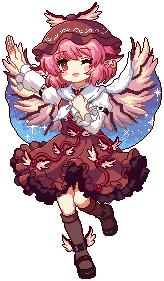 1girl animal_ears animated animated_gif anklet bird_ears bird_wings black_shoes brown_dress brown_eyes brown_hat brown_socks cape collar dress earrings full_body game_cg hat jewelry juliet_sleeves kneehighs kumio long_sleeves lowres mary_janes medium_hair mob_cap mystia_lorelei one_eye_closed open_mouth pinafore_dress pink_hair puffy_sleeves shirt shoes single_earring sleeveless sleeveless_dress socks solo space_print starry_sky_print tachi-e third-party_source touhou touhou_mystia&#039;s_izakaya transparent_background white_cape white_collar white_shirt winged_hat wings