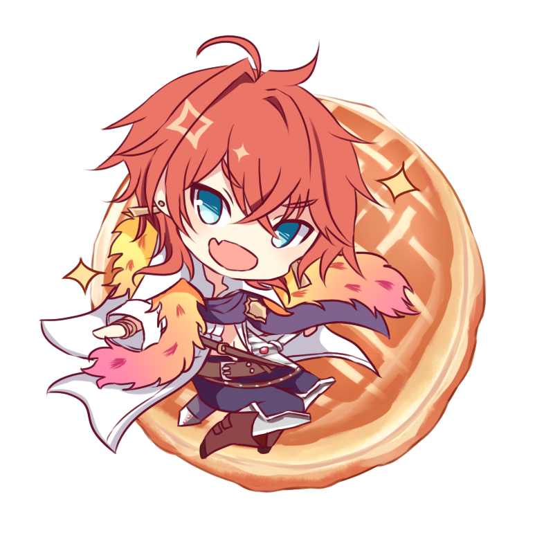 1boy blue_eyes boots bracelet brown_boots chibi chibi_only crossed_bangs dame_x_prince earrings fang feather_boa food full_body hair_between_eyes jewelry long_sleeves male_focus nanahi_tsubaki narek_ischl_de_milidonia navel open_clothes open_mouth open_shirt red_hair simple_background skin_fang solo waffle white_background
