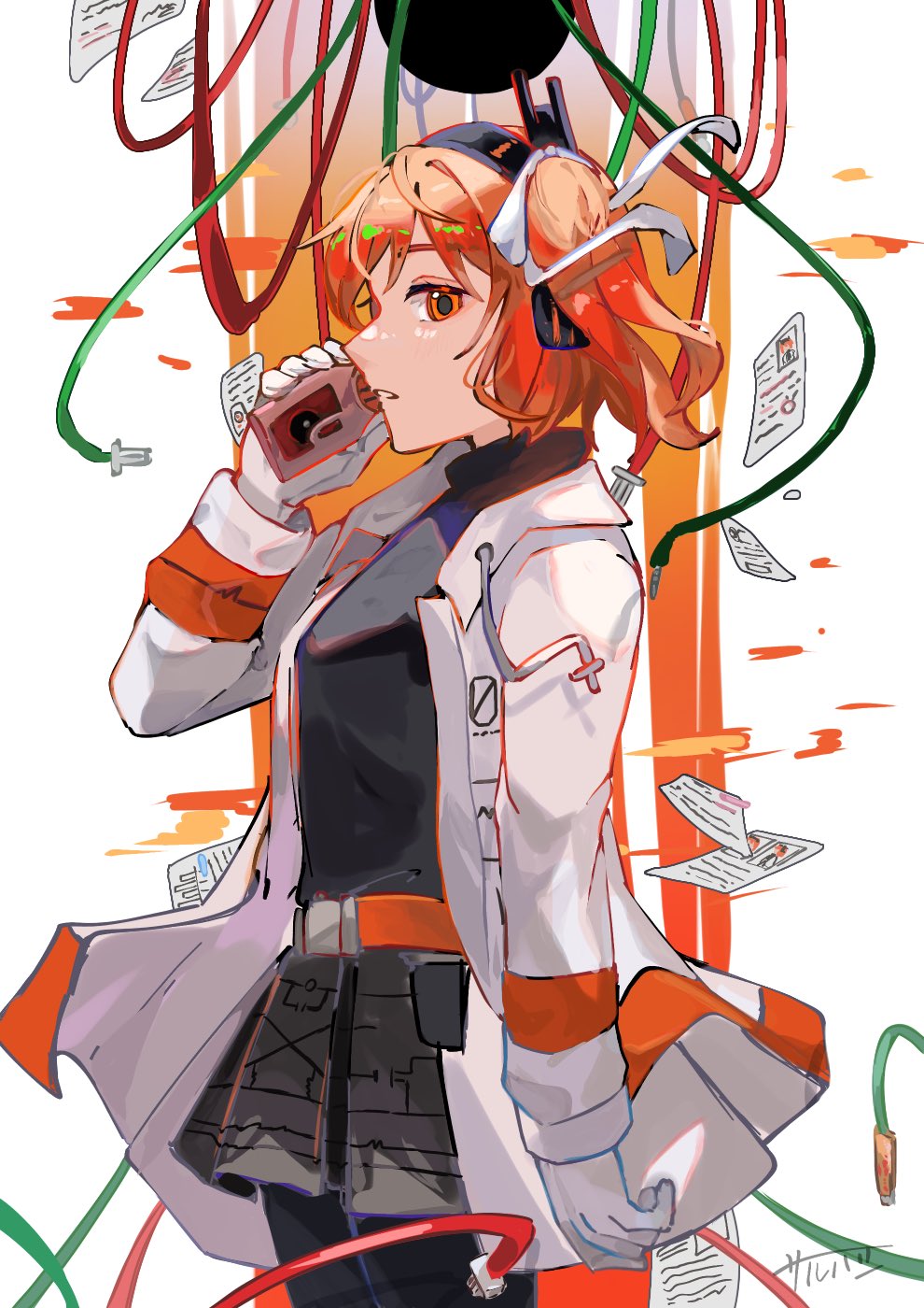 1girl a.i._voice adachi_rei arm_at_side belt black_pantyhose black_shirt cassette_player cave from_side gloves grey_skirt hair_ribbon hand_up highres holding jacket long_sleeves looking_at_viewer netsu_ijou_(utau) open_clothes open_jacket orange_background orange_belt orange_hair pantyhose paper radio_antenna ribbon rnp_02 shirt side_ponytail skirt solo utau white_background white_gloves white_jacket white_ribbon