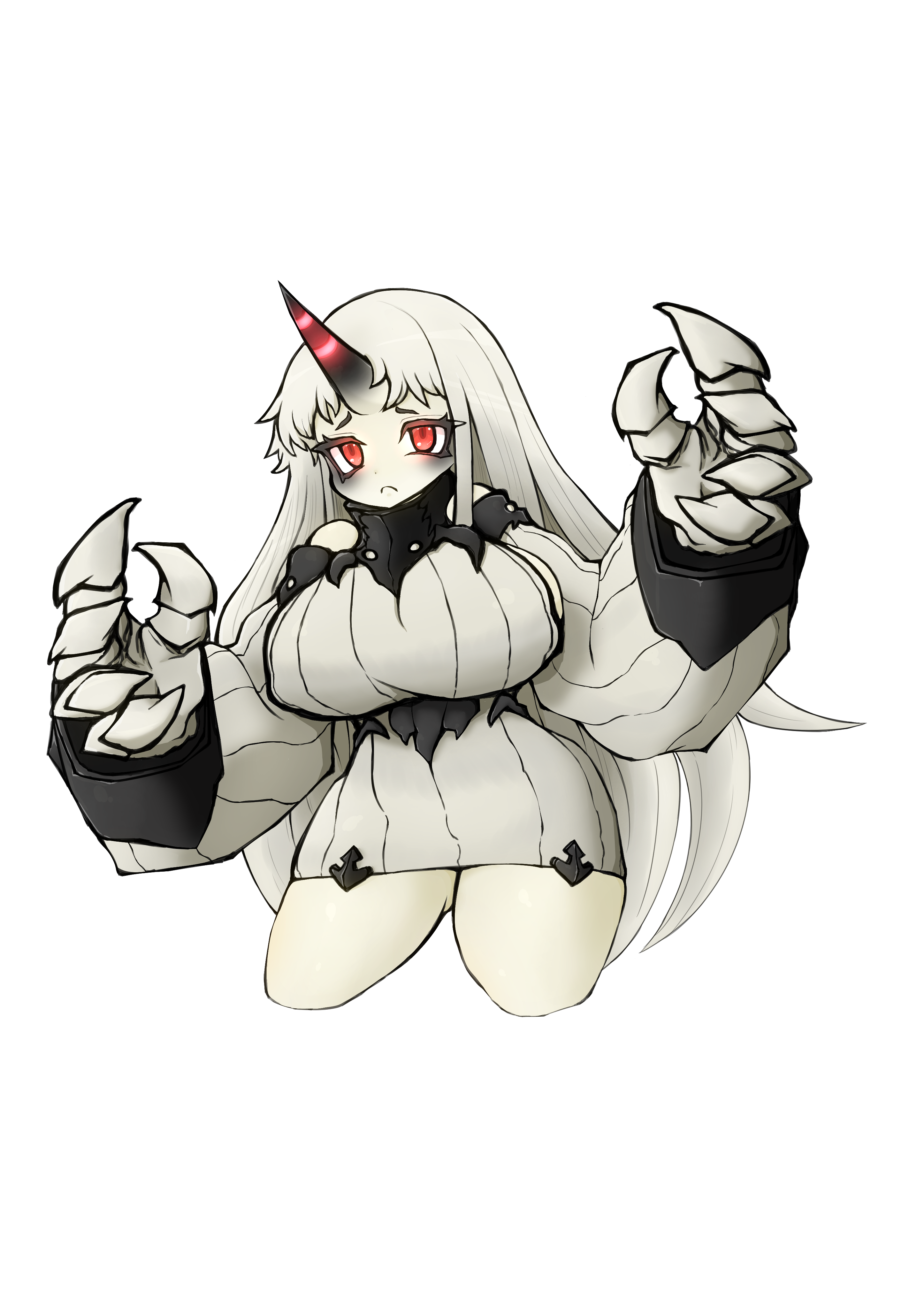 1girl absurdres abyssal_ship black_collar breasts chibi claws closed_mouth collar colored_skin commentary_request cropped_legs detached_sleeves dress frown glowing glowing_eyes hands_up highres horns kantai_collection large_breasts long_hair red_eyes ribbed_dress ribbed_sweater seaport_princess shadow_of_swamp sideboob simple_background single_horn solo striped_horns sweater sweater_dress transparent_background variant_set very_long_hair white_hair white_skin