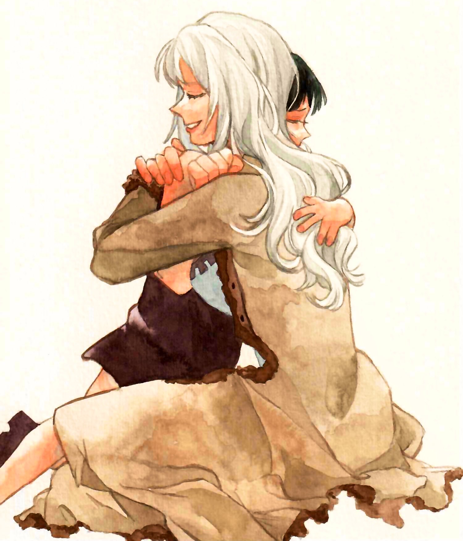 2girls aged_down child closed_eyes coat dress highres hug long_hair long_sleeves mother_and_daughter multiple_girls nico_olvia nico_robin one_piece profile purple_dress simple_background sinoda_maru7326 smile traditional_media white_hair