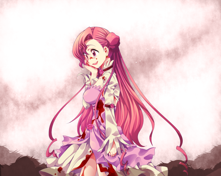 00s bad_id bad_pixiv_id blood code_geass dress euphemia_li_britannia geass kiri_futoshi kiri_tai long_hair long_sleeves pink_hair purple_eyes smile tears very_long_hair