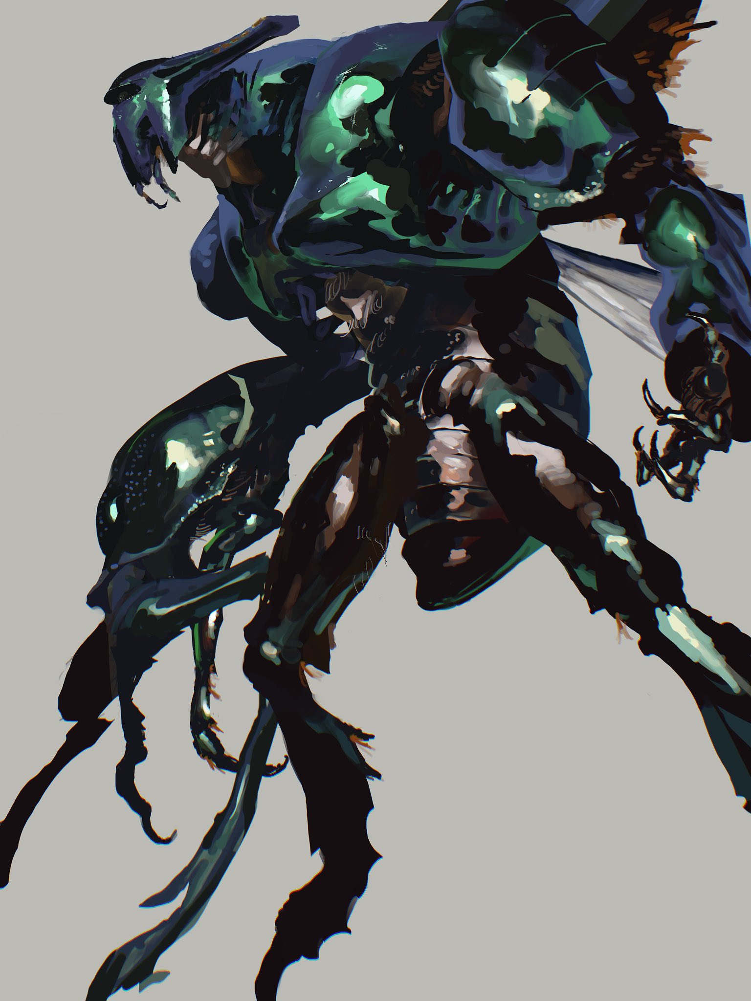 animalization beetle bolinoak_sammahn bug carapace green_eyes grey_background gundam highres insect insect_wings legs_apart looking_ahead mecha mobile_suit no_humans one-eyed rintaro_komori robot simple_background solo wings zeta_gundam