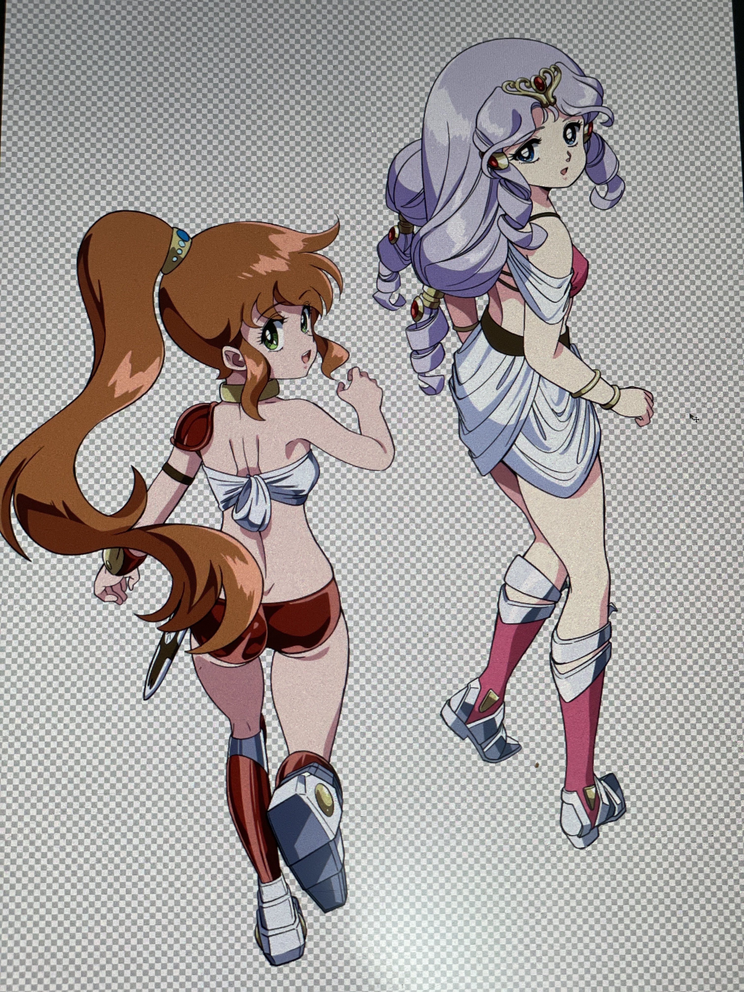 2girls absurdres armor ass bikini bikini_armor boots breasts brown_hair butt_crack caron_(rall) cream_lemon from_behind green_eyes highres julia_(rall) kabashima_yousuke knee_boots long_hair looking_back multiple_girls open_mouth pink_bikini pink_boots ponytail purple_hair red_bikini red_footwear sf_choujigen_densetsu_rall skirt small_breasts smile swimsuit thighs tiara white_skirt