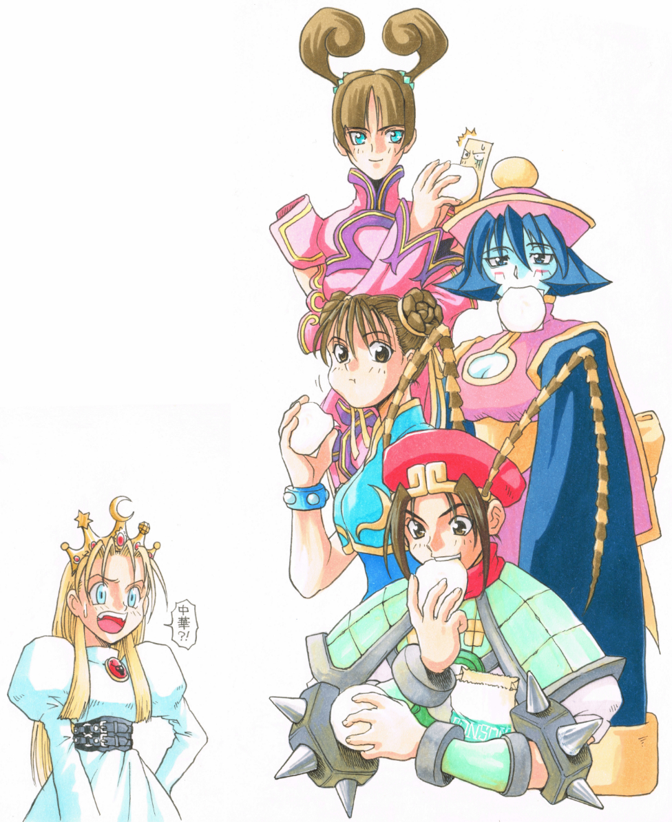 5girls blonde_hair blue_eyes blue_hair breasts brown_eyes brown_hair capcom chinese_clothes chun-li cleavage cyberbots darkstalkers devilot_de_deathsatan_ix eating hat hsien-ko june_lin_milliam long_hair mei-ling_(darkstalkers) multiple_girls open_mouth star_gladiator street_fighter tao_(warzard) translation_request warzard