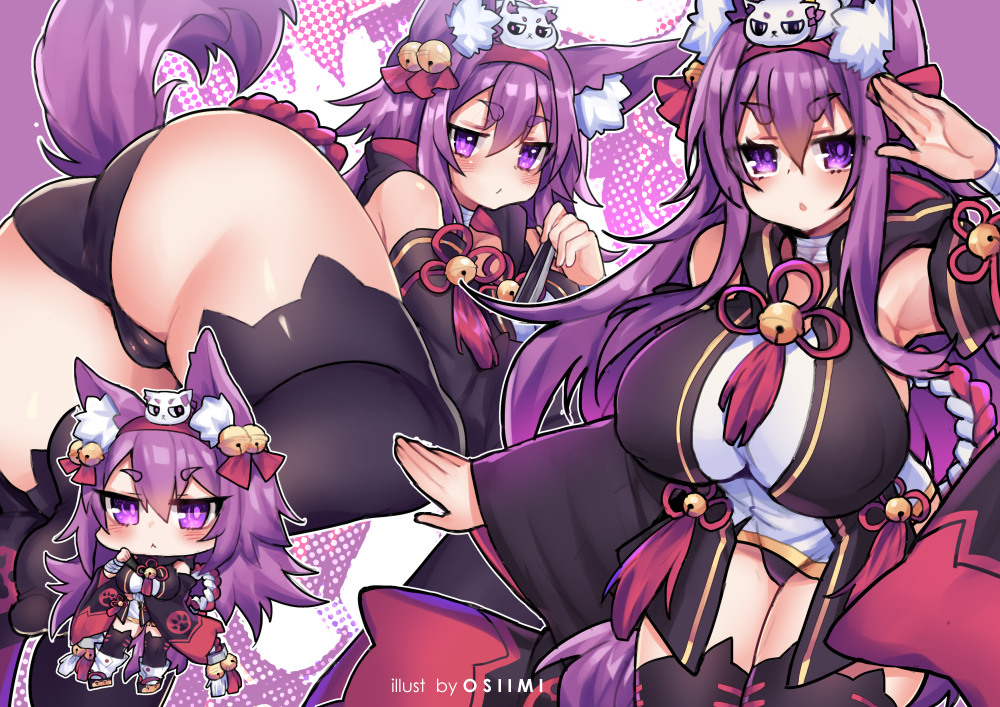 1girl :&lt; animal_ear_fluff animal_ears ass azur_lane bare_shoulders bell black_thighhighs black_vest blush breasts chibi detached_sleeves dress eyebrows eyes_visible_through_hair female_focus fox_ears fox_tail frown hair_bell hair_between_eyes hair_ornament hair_ribbon hairband impossible_clothes jingle_bell large_breasts long_hair long_sleeves looking_at_viewer open_clothes open_mouth open_vest osiimi paw_print purple_eyes purple_hair red_hairband red_ribbon ribbon sitting solo tail tassel thick_eyebrows thighhighs tsurime urakaze_(azur_lane) vest wavy_mouth white_dress zettai_ryouiki