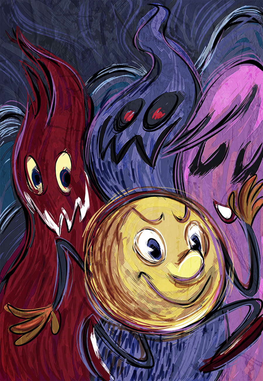 blinky_(pac-man) fine_art_parody ghost grin highres inky_(pac-man) mike_krahulik namco pac-man pac-man_(game) parody pinky_(pacman) smile style_parody