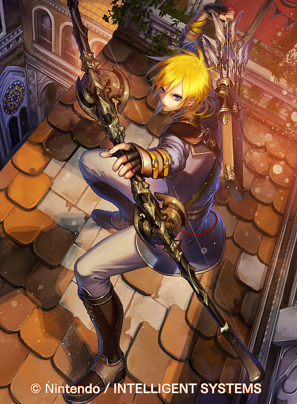 1boy arrow_(projectile) blonde_hair blue_eyes boots bow_(weapon) company_name fingerless_gloves fire_emblem fire_emblem:_radiant_dawn fire_emblem_cipher gloves holding holding_bow_(weapon) holding_weapon leaf leonardo_(fire_emblem) male_focus nintendo official_art quiver setsu_albatross solo sparkle weapon