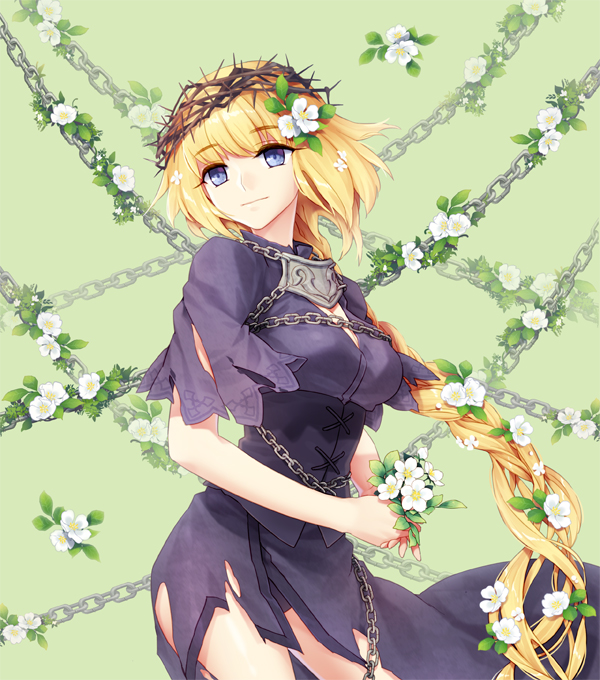 1girl blonde_hair blue_eyes braid breasts capelet chain cleavage dress fate/apocrypha fate_(series) female_focus flower hair_flower hair_ornament head_wreath jeanne_d&#039;arc_(fate) jeanne_d&#039;arc_(ruler)_(fate) large_breasts long_hair purple_dress single_braid smile solo torn_clothes yeruen