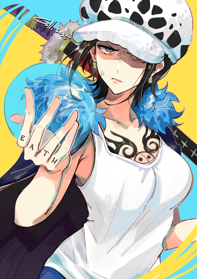 1girl anger_vein black_cape black_hair breasts cape chest_tattoo coll_(erichankun) devil_fruit_power finger_tattoo fur-trimmed_cape fur_trim genderswap genderswap_(mtf) grey_eyes hat large_breasts one_piece solo sword tank_top tattoo trafalgar_law weapon white_hat white_tank_top yellow_background