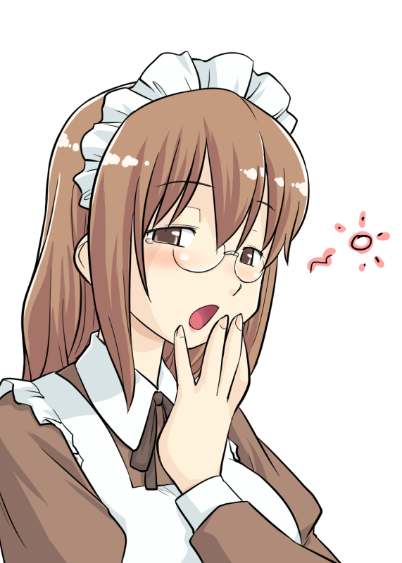 1girl apron artist_request black_ribbon brown_eyes brown_hair check_artist fingernails futaba_channel glasses hair_between_eyes hand_up hinemosu_notari juliet_sleeves long_hair long_sleeves maid maid_apron maid_headdress neck_ribbon nemui nijiura_maids open_mouth pince-nez puffy_sleeves ribbon simple_background single_tear solo squeans tareme third-party_source upper_body white_apron white_background yawning