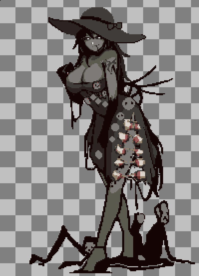 1girl baeloe black_gloves black_hair black_sclera blood blood_on_teeth bow breasts checkered_background cleavage colored_sclera dress extra_faces gloves greyscale hat hat_bow high_heels humanization large_breasts limb_gradient lobotomy_corporation long_hair looking_at_viewer monochrome monster mountain_of_smiling_bodies pixel_art plant project_moon puddle solo standing sun_hat teeth thighs torn_clothes torn_dress vines walking white_eyes