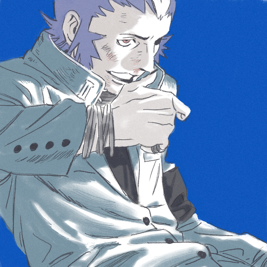 1boy amber389 arm_up black_shirt blood blood_on_face blue_background blue_coat blue_hair bruise bruise_on_face buttons coat collared_coat injury lapels long_sleeves looking_ahead male_focus mishina_eikichi multicolored_hair open_mouth orange_eyes persona persona_2 popped_collar shirt short_hair sideburns simple_background solo streaked_hair teeth wiping_face