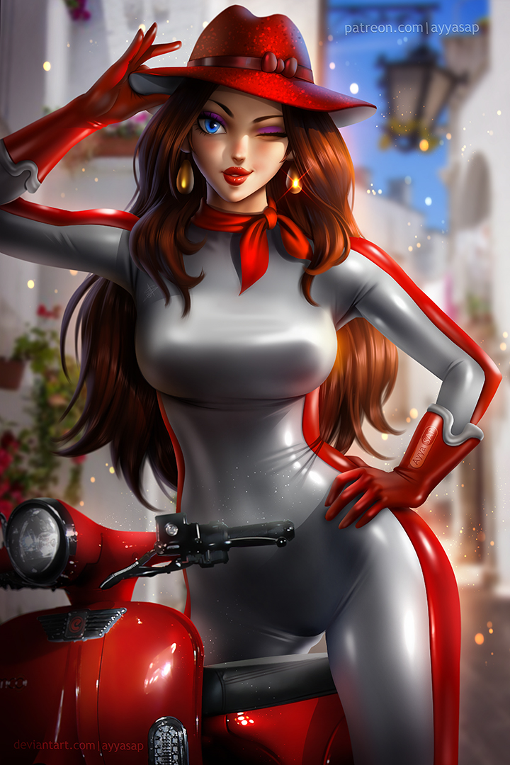 1girl alternate_costume alternate_universe artist_name ayya_sap biker_clothes bikesuit blue_eyes blurry blurry_background bodysuit bow breasts brown_hair contrapposto covered_collarbone deviantart_username donkey_kong_(series) earrings elbow_gloves eyelashes eyeshadow fedora glint gloves gold_earrings grey_bodysuit hand_on_own_hip handlebar hat hat_bow hat_ribbon hat_tip italy jewelry lamppost large_breasts latex latex_bodysuit lips lipstick long_hair long_sleeves looking_at_viewer makeup mario_(series) mario_kart mario_kart_wii motor_vehicle nintendo nose nostrils one_eye_closed outdoors parted_lips patreon_username pauline_(mario) purple_eyeshadow racing_suit red_bodysuit red_bow red_gloves red_hat red_lips red_ribbon red_scarf ribbon scarf scooter shiny_clothes signature smirk solo super_mario_odyssey taut_bodysuit taut_clothes thick_lips town vespa watermark web_address