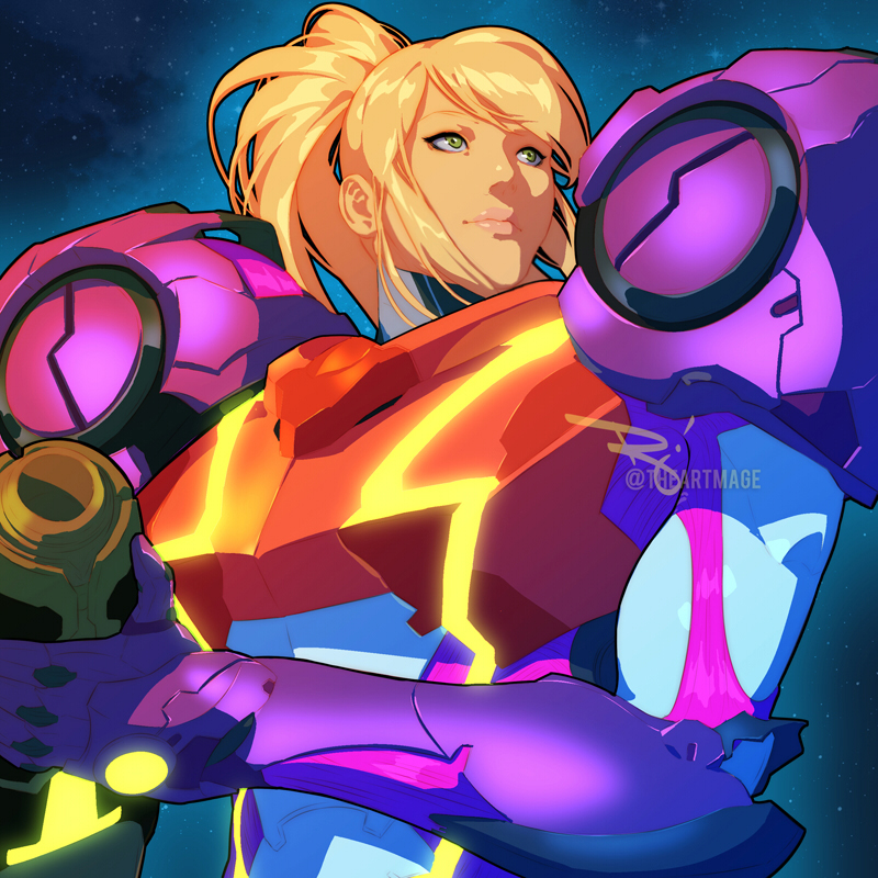 1girl arm_cannon armor blonde_hair blue_eyes bodysuit closed_mouth glowing gravity_suit_(metroid) gun long_hair metroid metroid_dread mole mole_under_mouth nintendo ponytail power_armor power_suit_(metroid) samus_aran science_fiction simple_background solo the_art_mage upper_body weapon